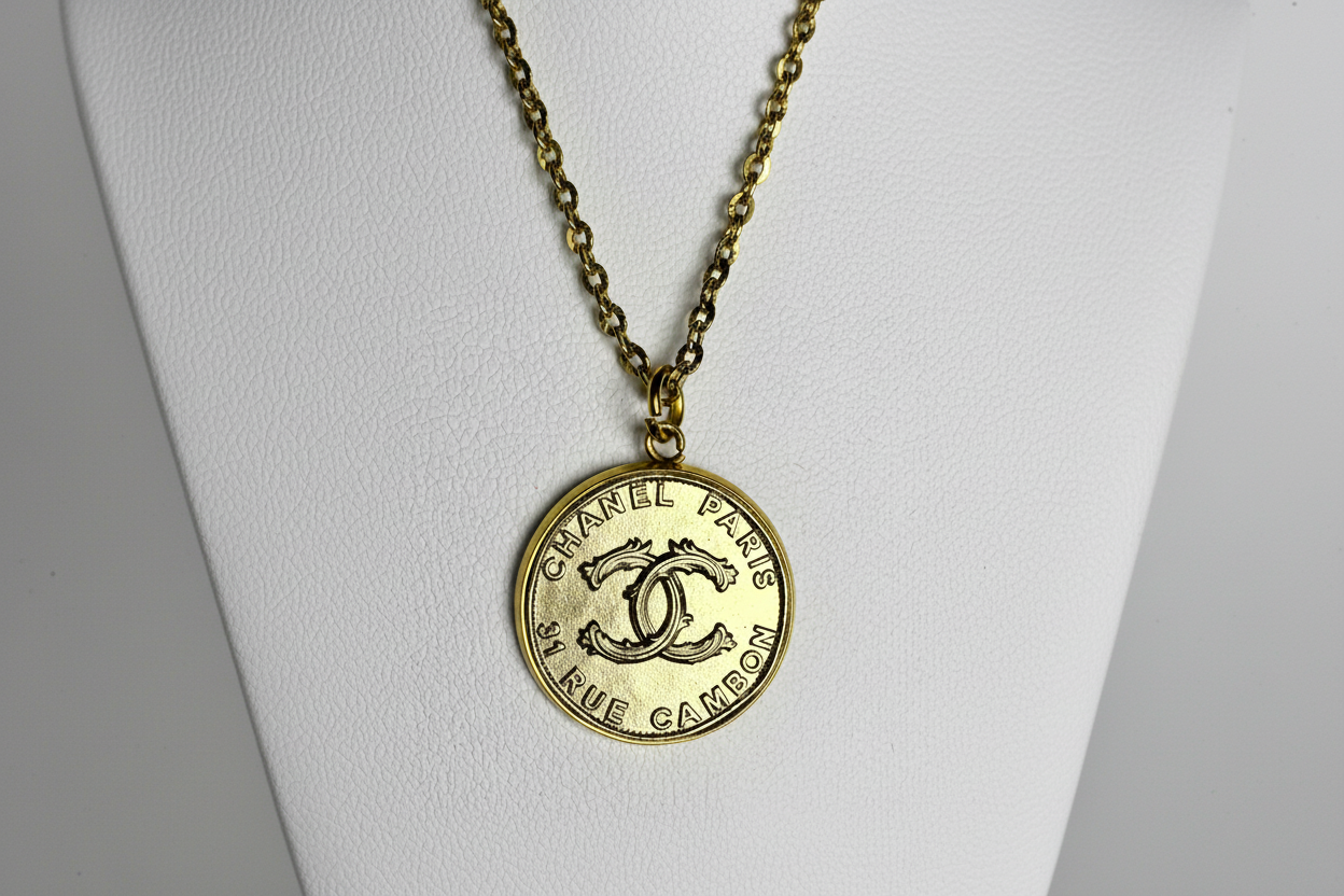 Detalle del botón CHANEL recuperado en collar artesanal ANTOQUIA creado por EOS UPCYCLING